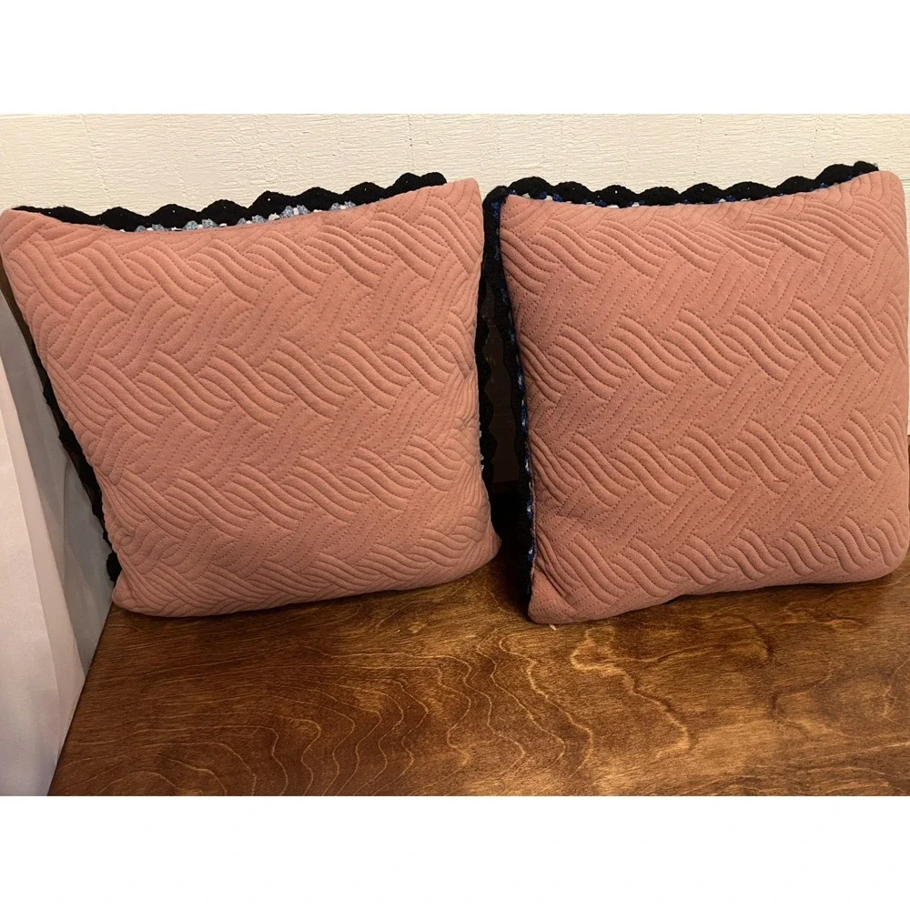 Two Afghan Granny Square Pillow Square Knit 16x16 Handmade - detailed & gorgeous